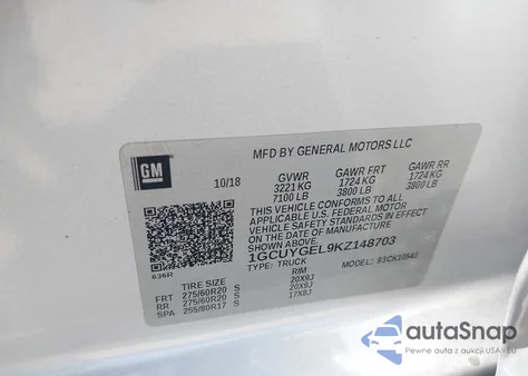 2019 Chevrolet Silverado 1500 Ltz из США, поврежденный, VIN 1GCUYGEL9KZ148703